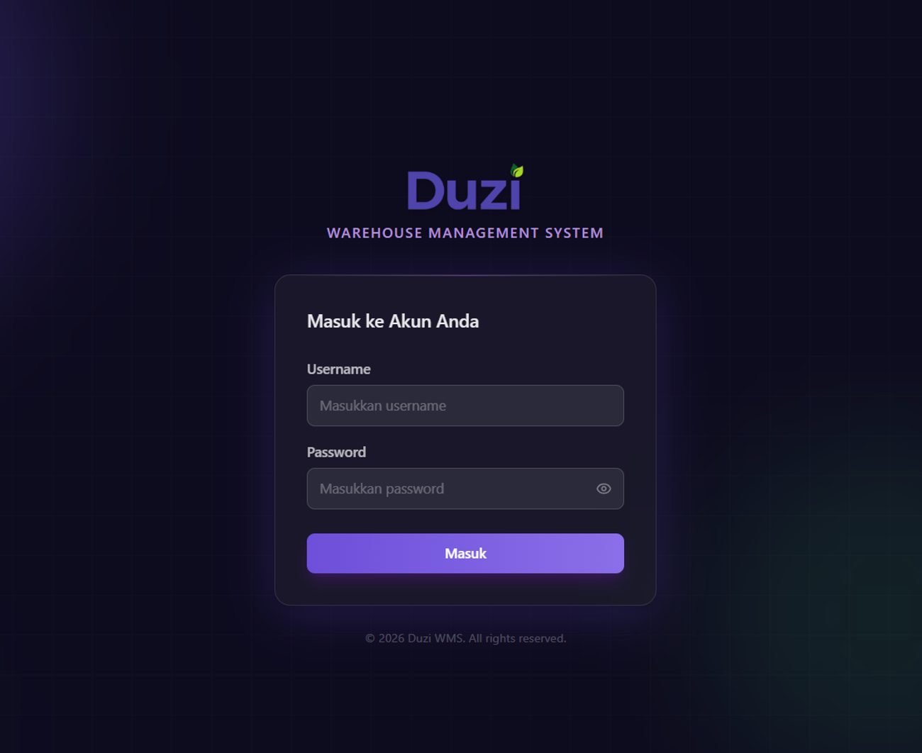 Duzi WMS login screen